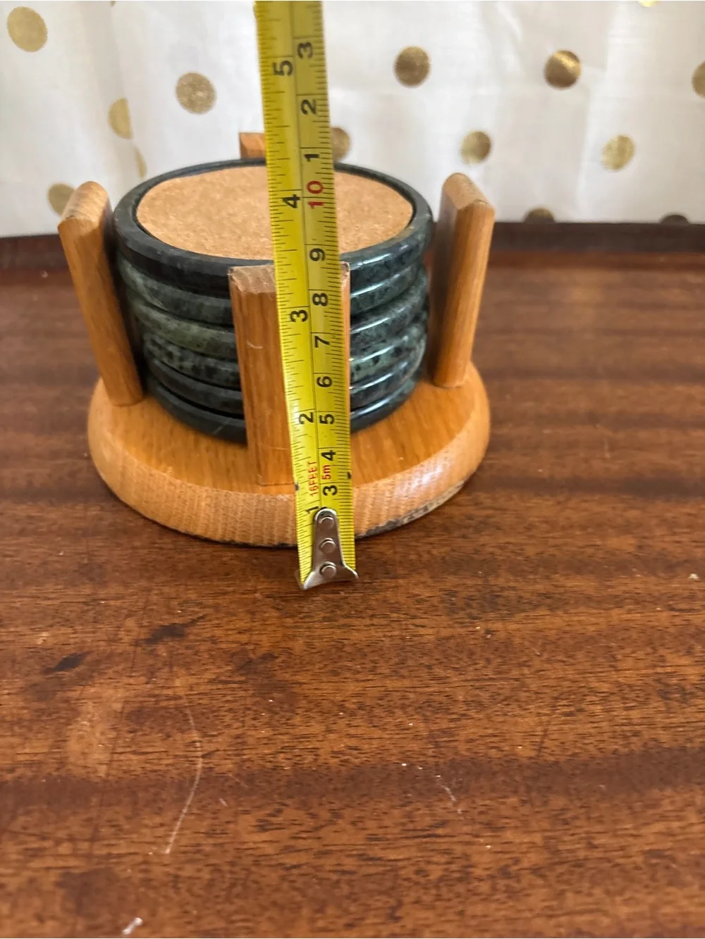 Vintage Himark Green Marble Stone Coaster Set with Wooden Holder